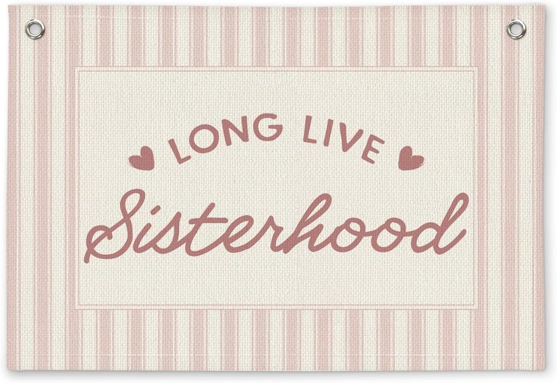 ETVISO Long Live Sisterhood Preppy Pink Striped Girls Room Decor - Linen Banner Wall Hanging Canvas Banner Flag Decor for Toddler Girly Bedroom Playroom Nursery Dorm Apartment - Image 1
